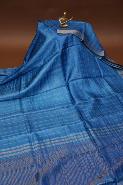 Pure Tussar Silk Saree with Handpainted Blouse-Blue|Silk Mark Certified