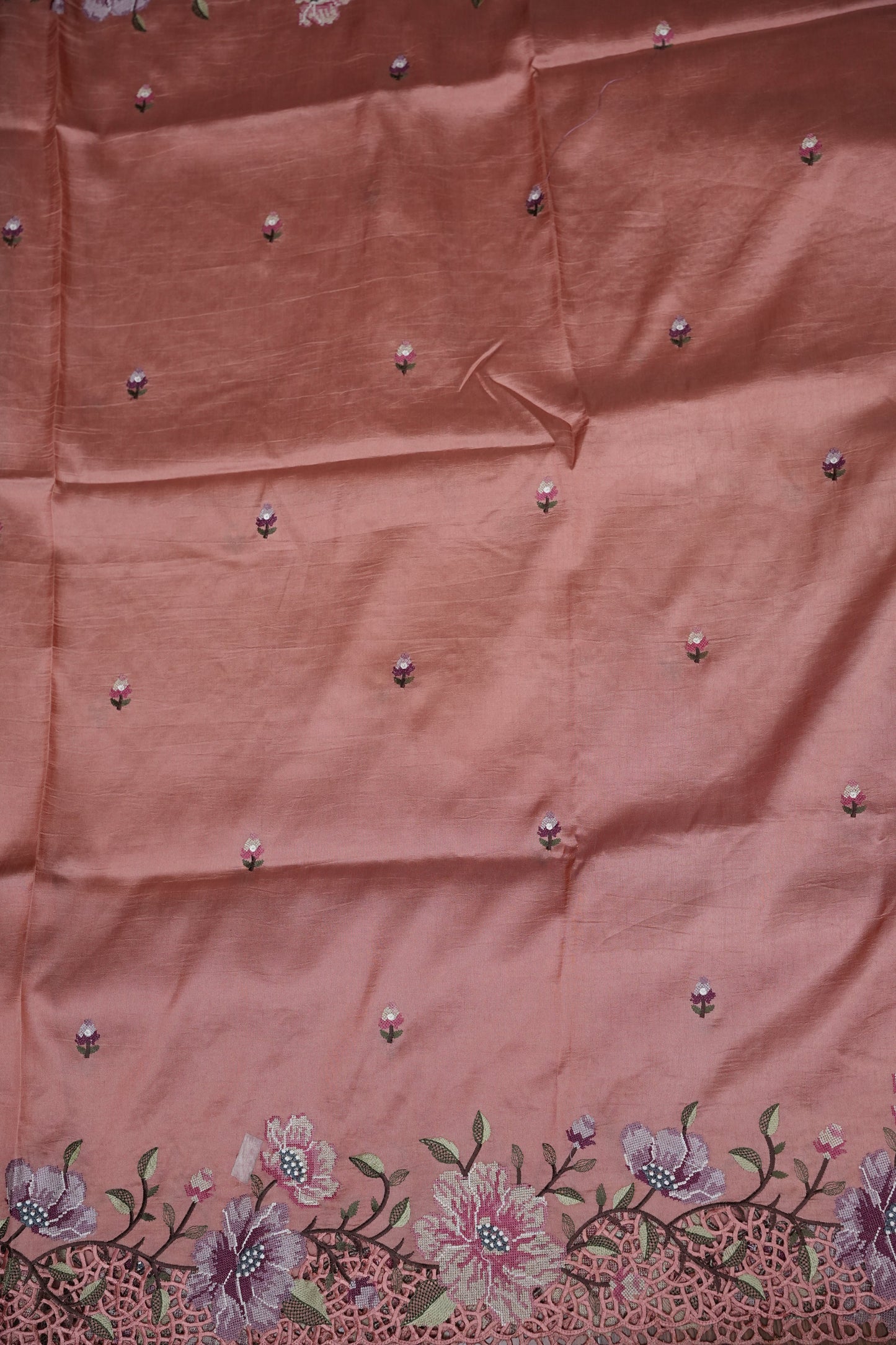 Party Wear Embroidered Soft Organza Saree – Blush Peach Floral Elegance
