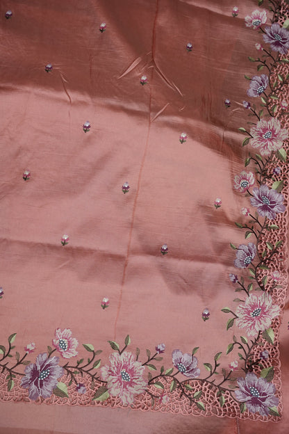 Party Wear Embroidered Soft Organza Saree – Blush Peach Floral Elegance