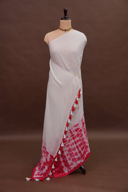 Mulmul Cotton Saree with Tassels - Pink