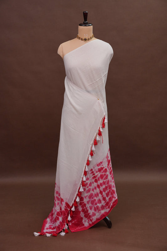 Mulmul Cotton Saree with Tassels - Pink