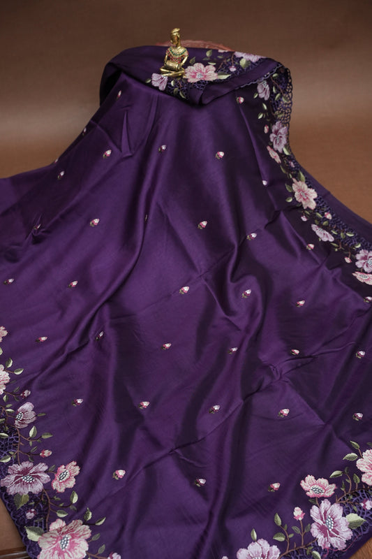 Party Wear Embroidered Soft Organza Saree – Royal Purple Floral Elegance