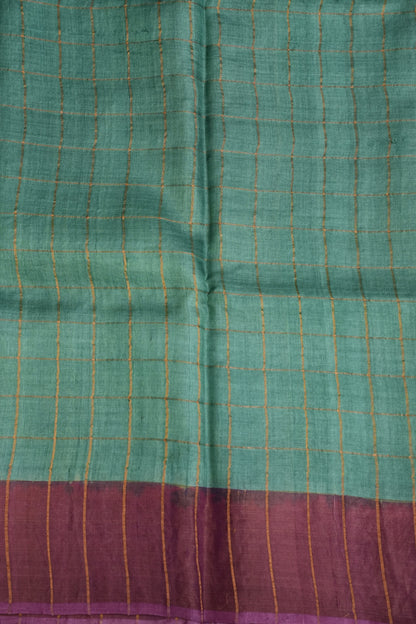 Pure Tussar Silk Saree with Handpainted Blouse-Sea Green|Silk Mark Certified