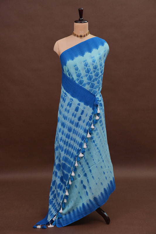 Mulmul Cotton Saree with Tassels - Blue