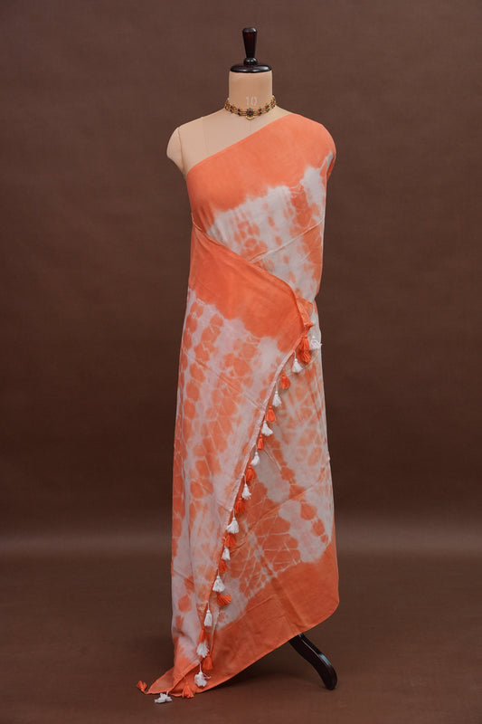 Mulmul Cotton Saree with Tassels - Peach