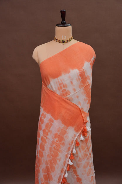 Mulmul Cotton Saree with Tassels - Peach