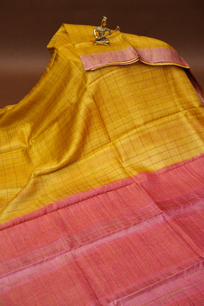 Pure Tussar Silk Saree with Handpainted Blouse-Yellow|Silk Mark Certified