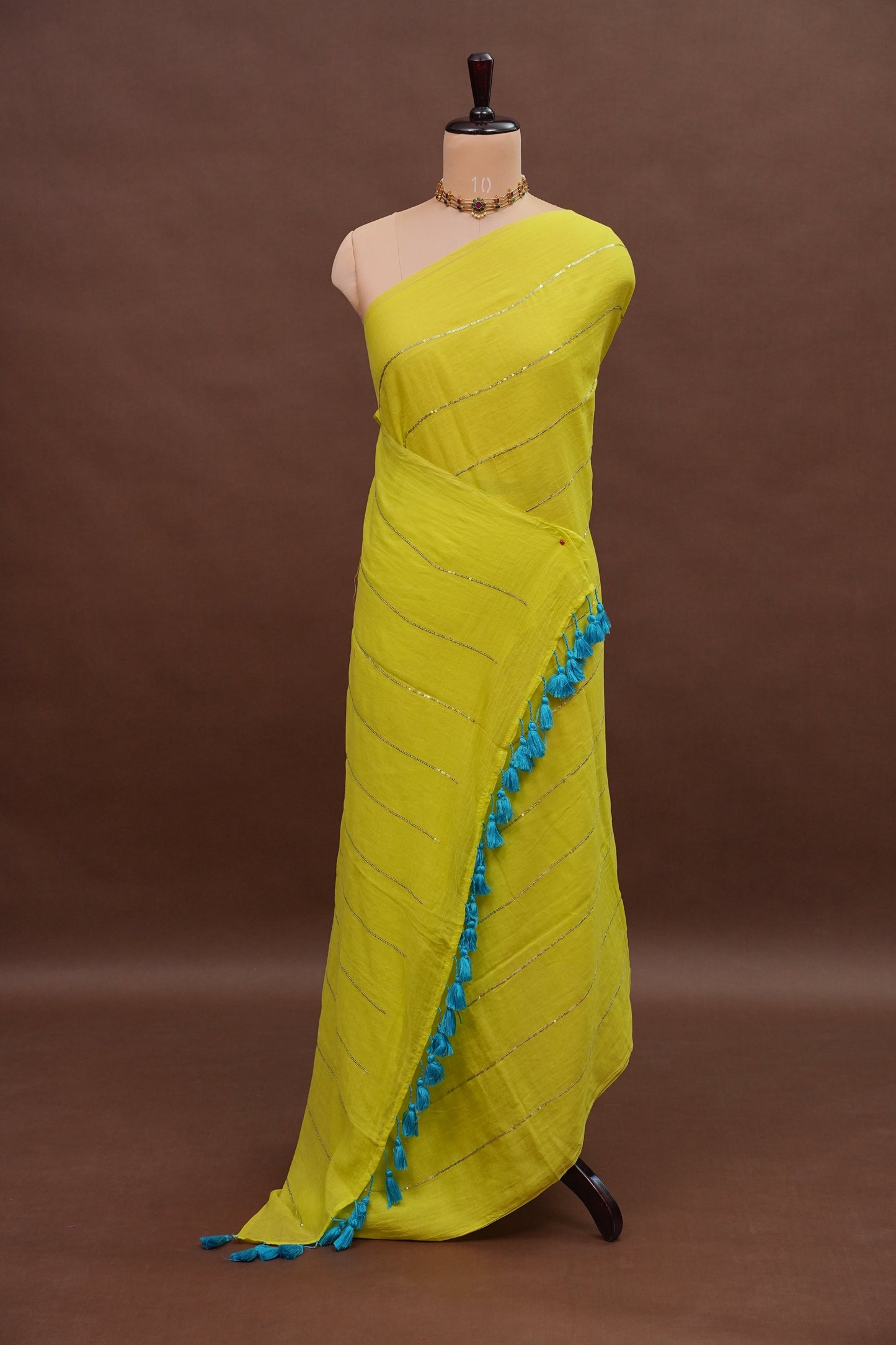 Mulmul Cotton Saree with Tassels - Parrot Green