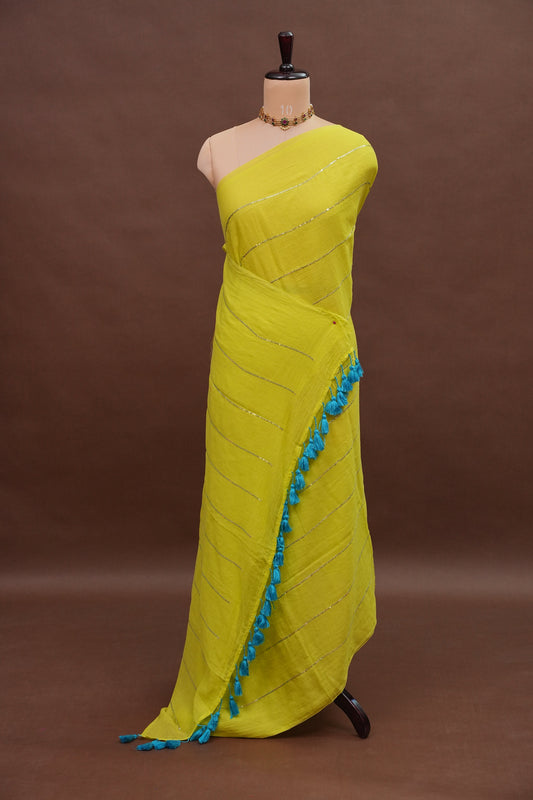 Mulmul Cotton Saree with Tassels - Parrot Green