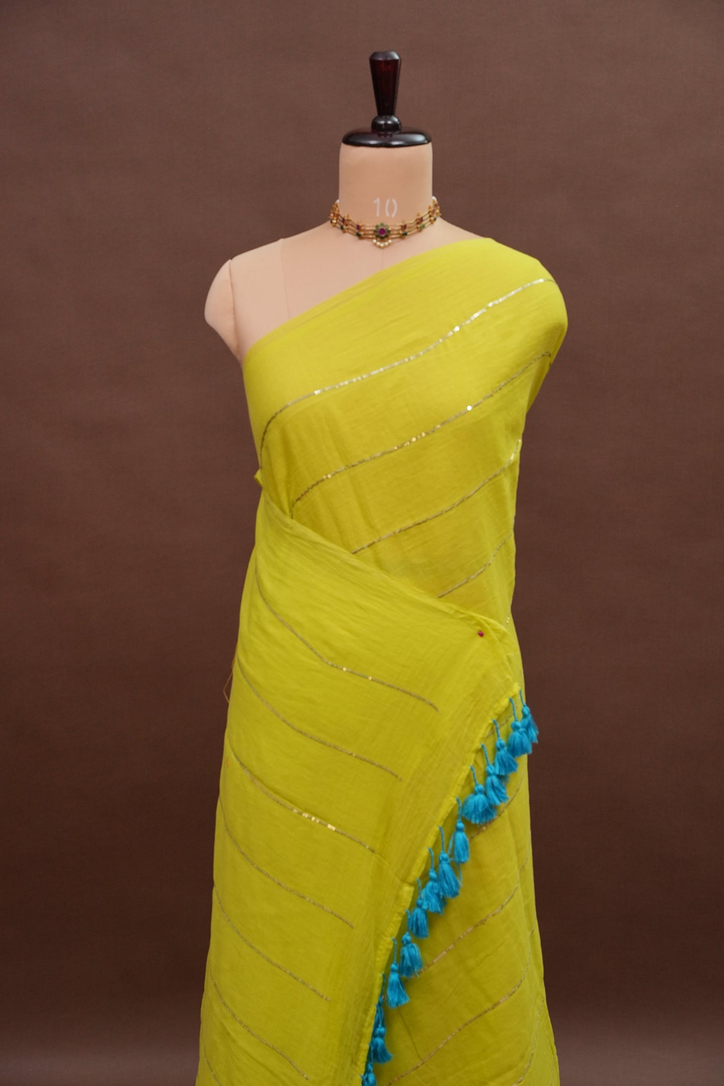 Mulmul Cotton Saree with Tassels - Parrot Green