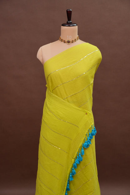 Mulmul Cotton Saree with Tassels - Parrot Green