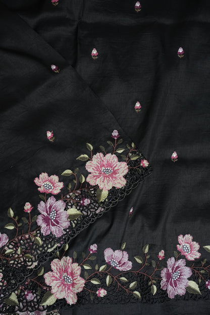 Party Wear Embroidered Soft Organza Saree – Classic Black Floral Elegance