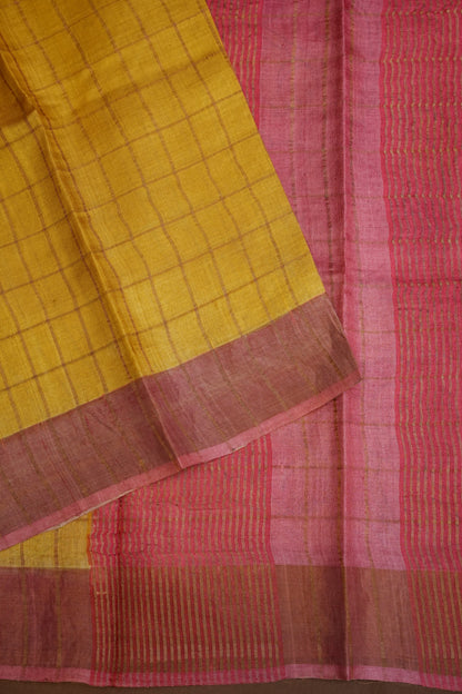 Pure Tussar Silk Saree with Handpainted Blouse-Yellow|Silk Mark Certified