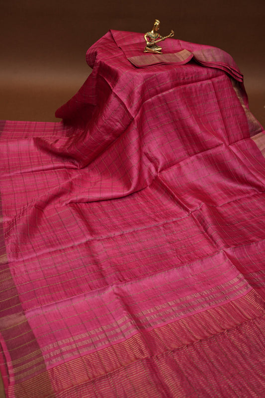 Pure Tussar Silk Saree with Handpainted Blouse-Pink|Silk Mark Certified