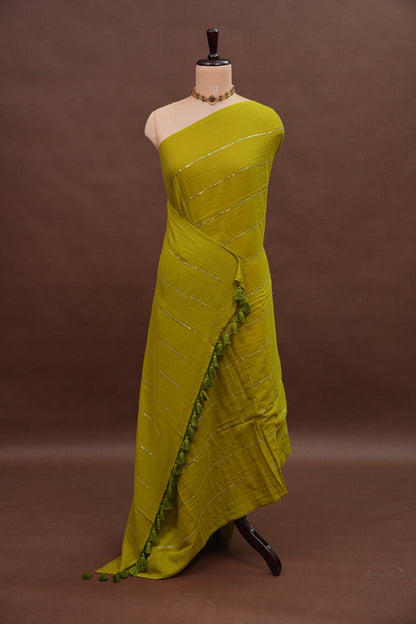 Mulmul Cotton Saree with Tassels - Green