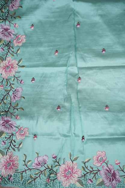 Party Wear Embroidered Soft Organza Saree– Aqua Mint Floral Elegance