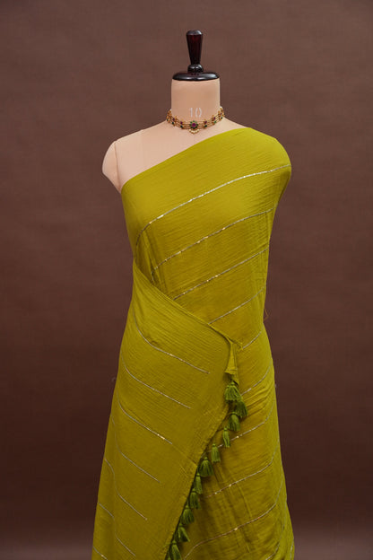 Mulmul Cotton Saree with Tassels - Green