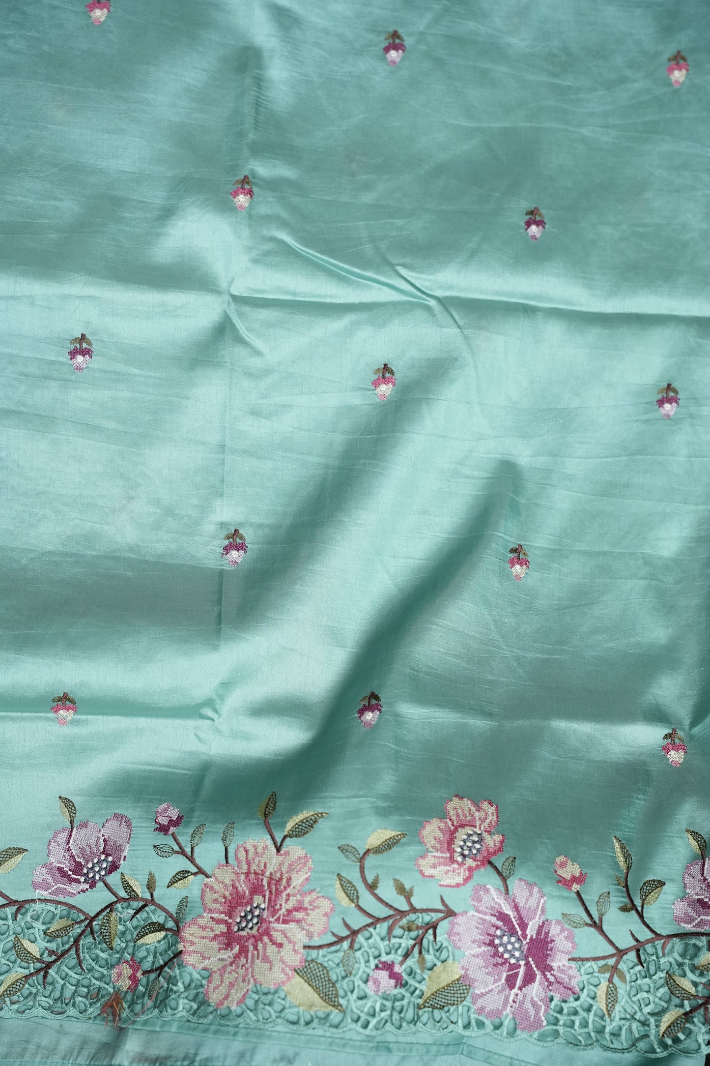 Party Wear Embroidered Soft Organza Saree– Aqua Mint Floral Elegance
