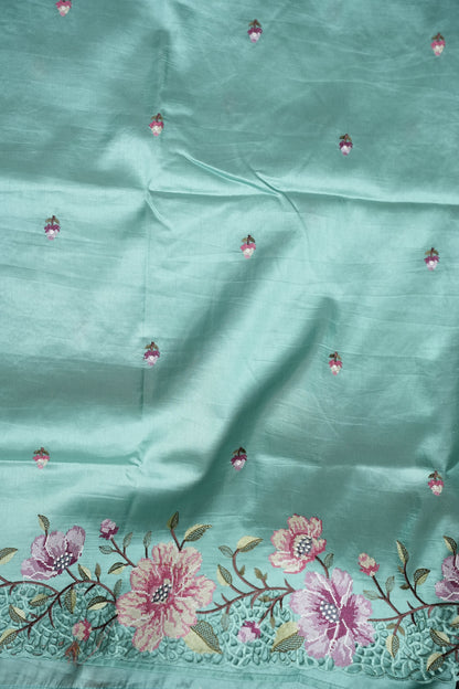 Party Wear Embroidered Soft Organza Saree– Aqua Mint Floral Elegance