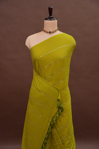 Mulmul Cotton Saree with Tassels - Green