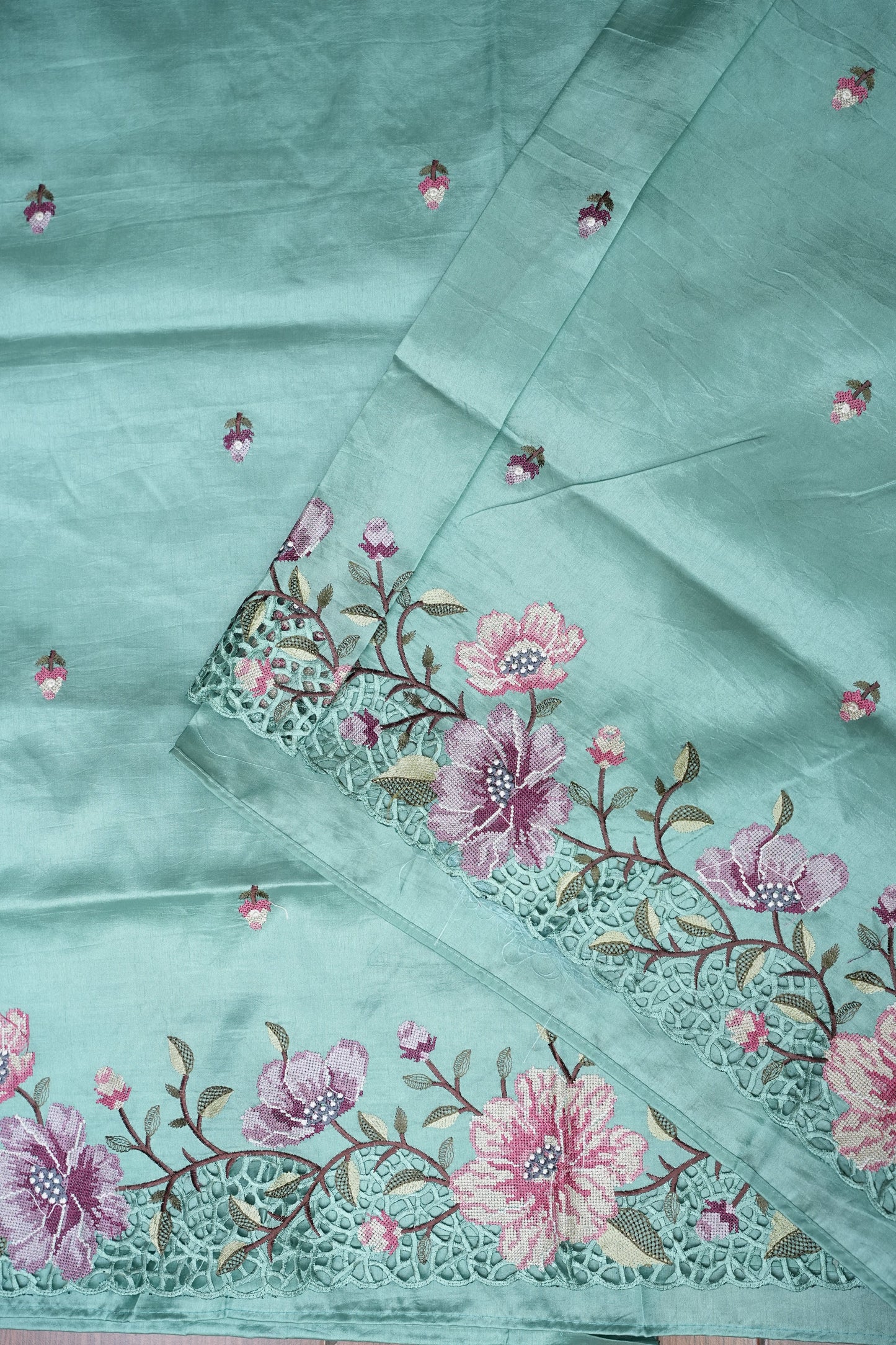 Party Wear Embroidered Soft Organza Saree– Aqua Mint Floral Elegance