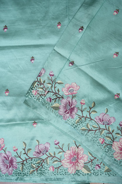 Party Wear Embroidered Soft Organza Saree– Aqua Mint Floral Elegance