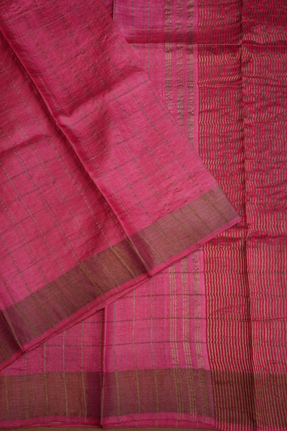 Pure Tussar Silk Saree with Handpainted Blouse-Pink|Silk Mark Certified