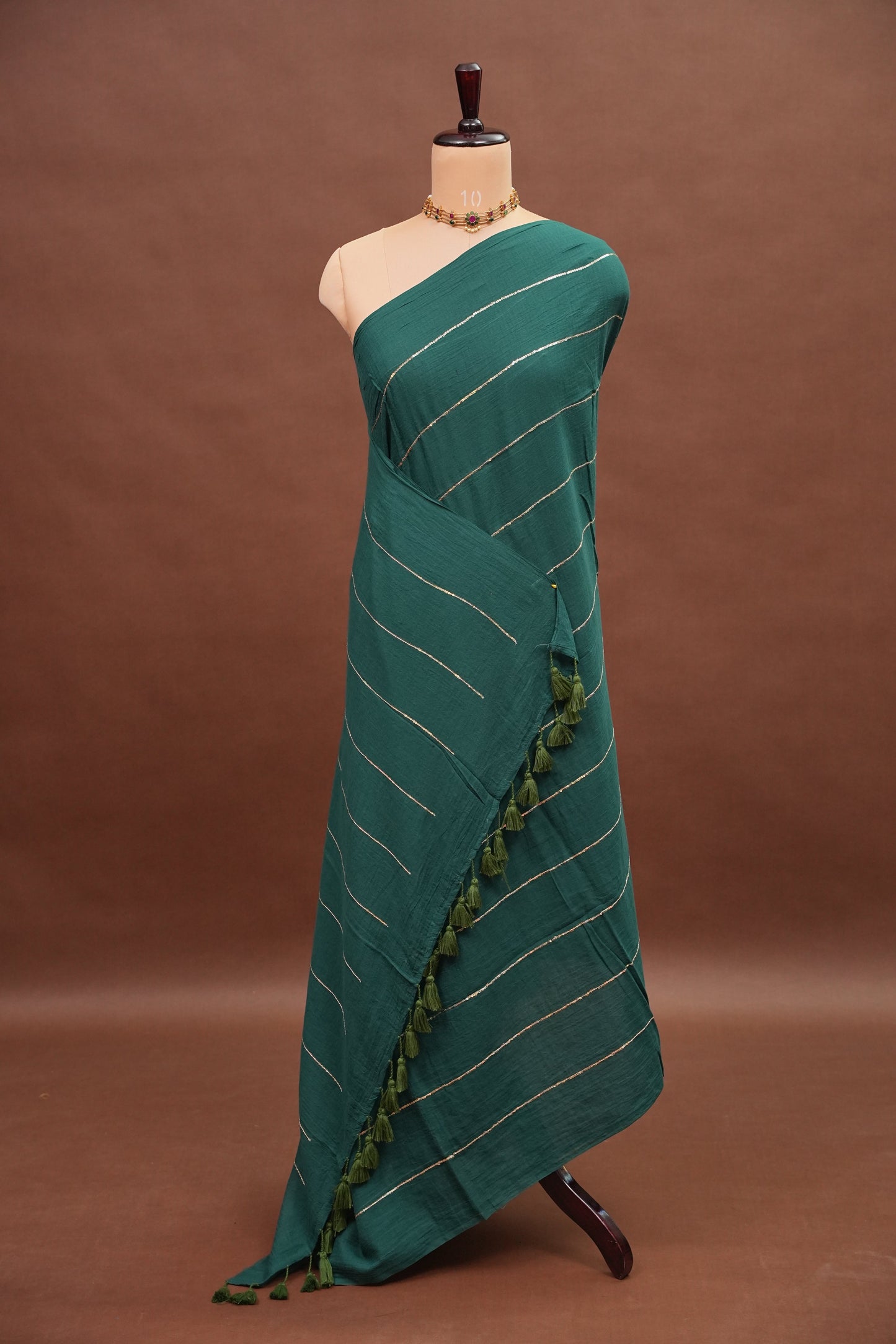 Mulmul Cotton Saree with Tassels - Teal Green