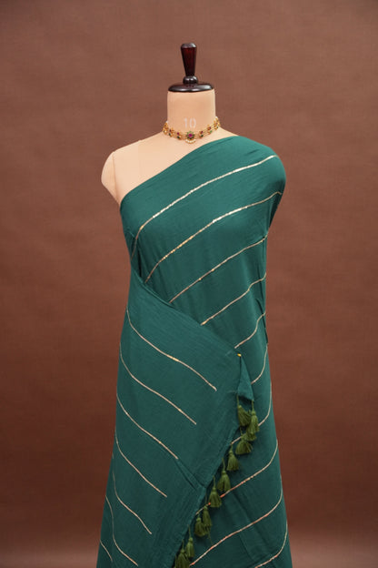 Mulmul Cotton Saree with Tassels - Teal Green