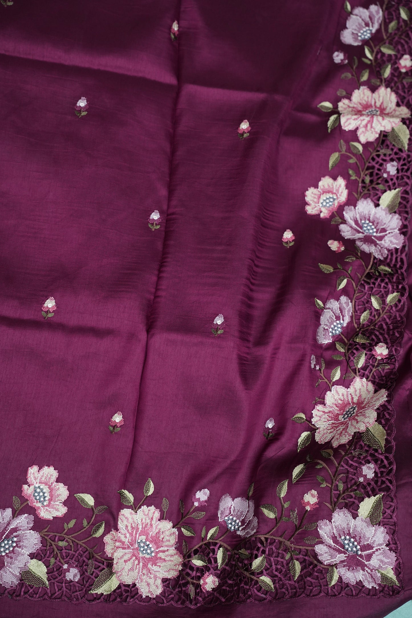 Party Wear Embroidered Soft Organza Saree – Wine Floral Elegance