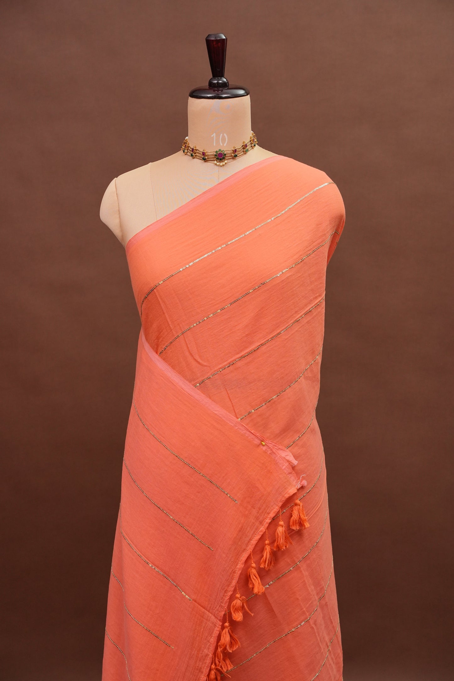 Mulmul Cotton Saree with Tassels - Peach Orange