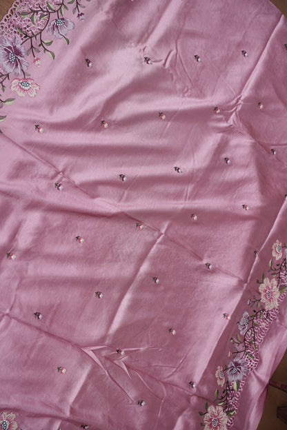 Party Wear Embroidered Soft Organza Saree – Pink Floral Elegance