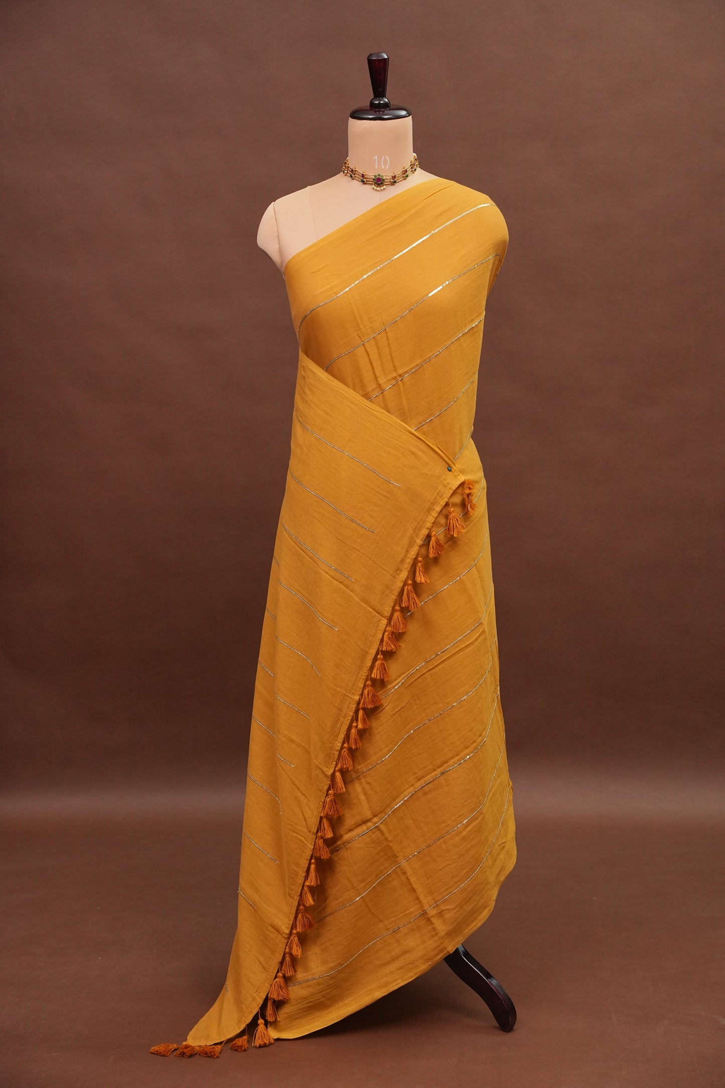 Mulmul Cotton Saree with Tassels - Mustard Yellow