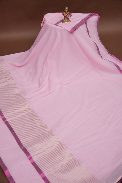 Mulmul Cotton Saree with Tassels - Baby Pink