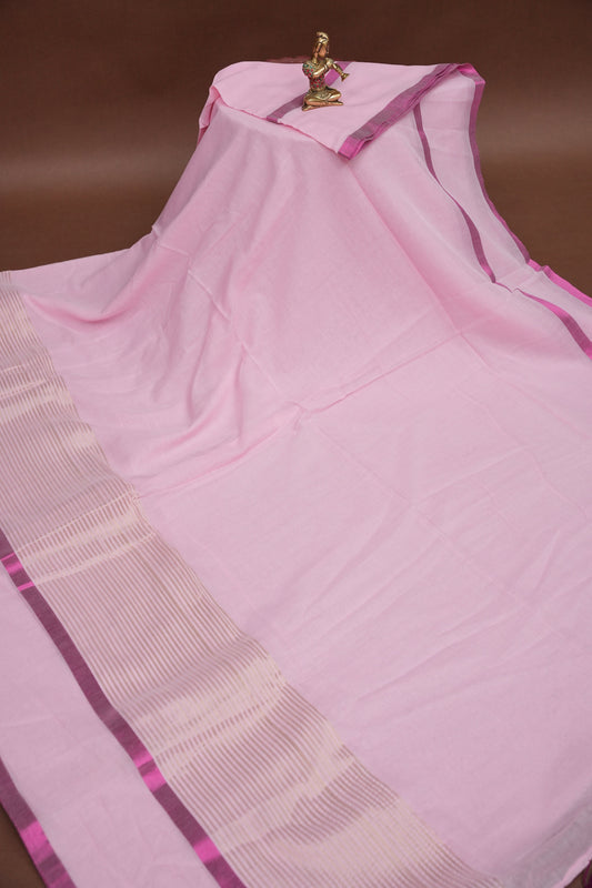 Mulmul Cotton Saree with Tassels - Baby Pink