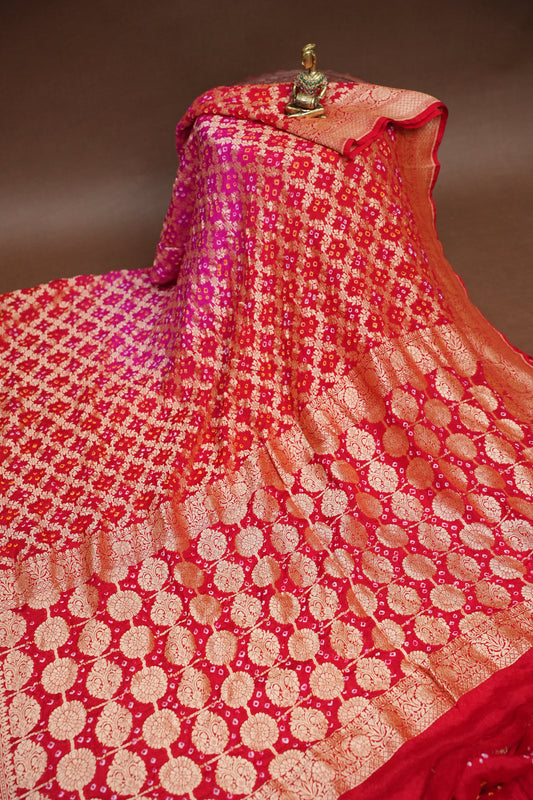 Red & Hot Pink Ombre-Pure Georgette Handloom Banaras Neem Zari Bandhej Saree.
