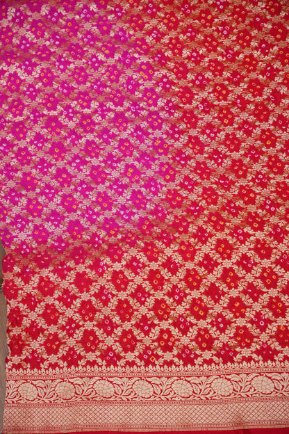 Red & Hot Pink Ombre-Pure Georgette Handloom Banaras Neem Zari Bandhej Saree.