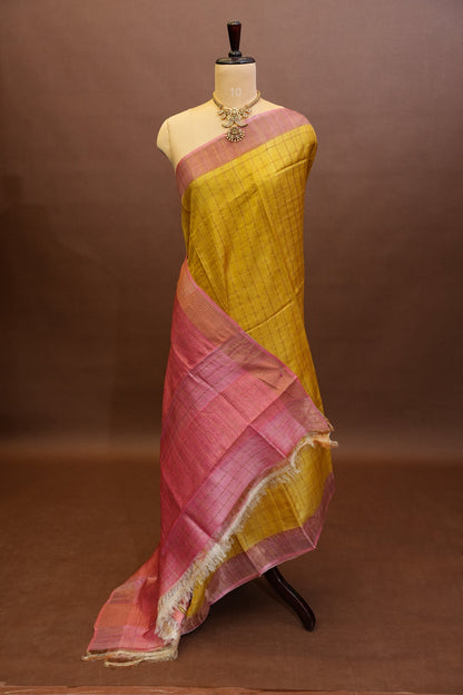 Pure Tussar Silk Saree with Handpainted Blouse-Yellow|Silk Mark Certified