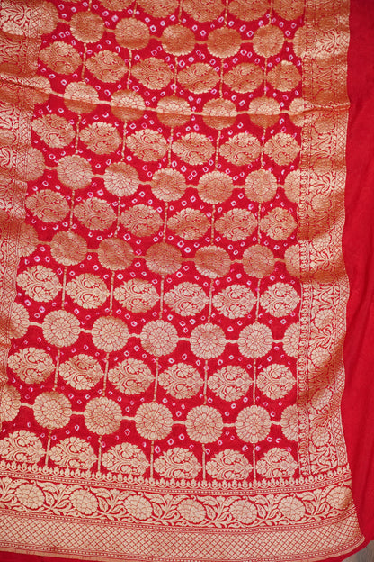 Red & Hot Pink Ombre-Pure Georgette Handloom Banaras Neem Zari Bandhej Saree.