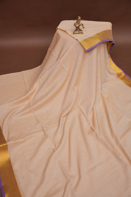 Mulmul Cotton Saree with Tassels - Beige