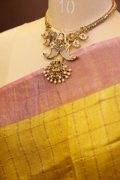 Pure Tussar Silk Saree with Handpainted Blouse-Yellow|Silk Mark Certified