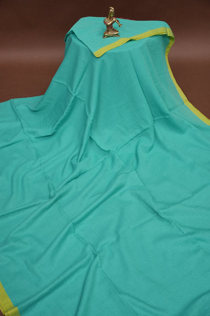 Mulmul Cotton Saree with Tassels - Turquoise