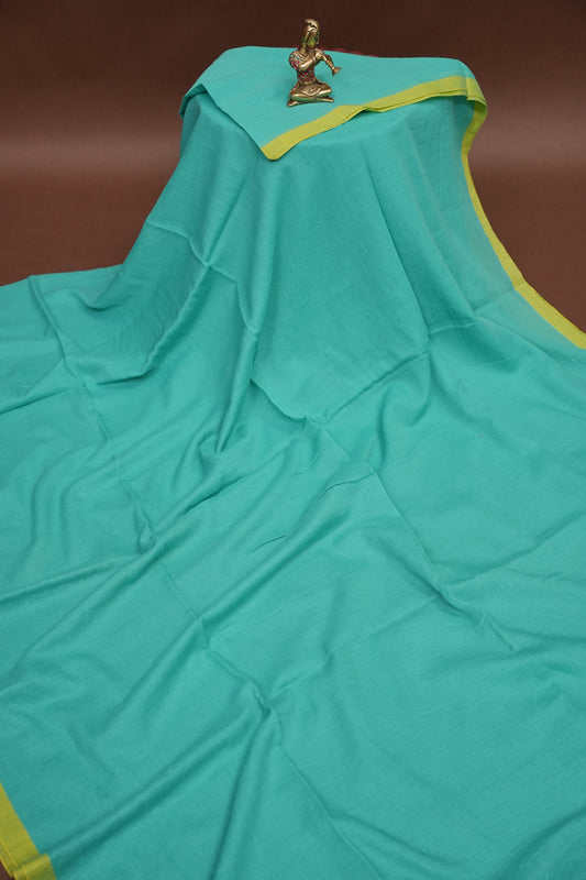 Mulmul Cotton Saree with Tassels - Turquoise