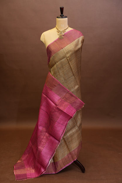 Pure Tussar Silk Saree with Hand-Painted Kalamkari Blouse | Silk Mark Certified