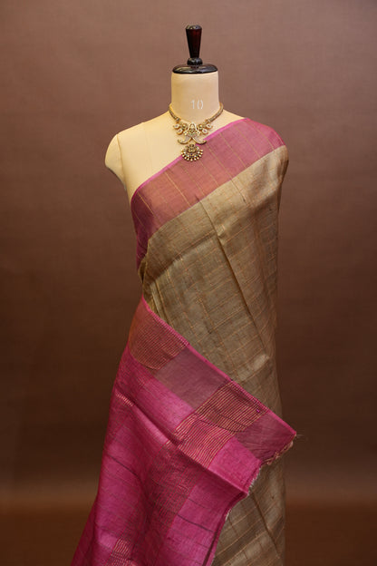 Pure Tussar Silk Saree with Hand-Painted Kalamkari Blouse | Silk Mark Certified