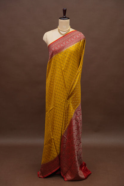 Pure Georgette Banarasi Silk Saree – Mustard Yellow with Rich Red Zari Border