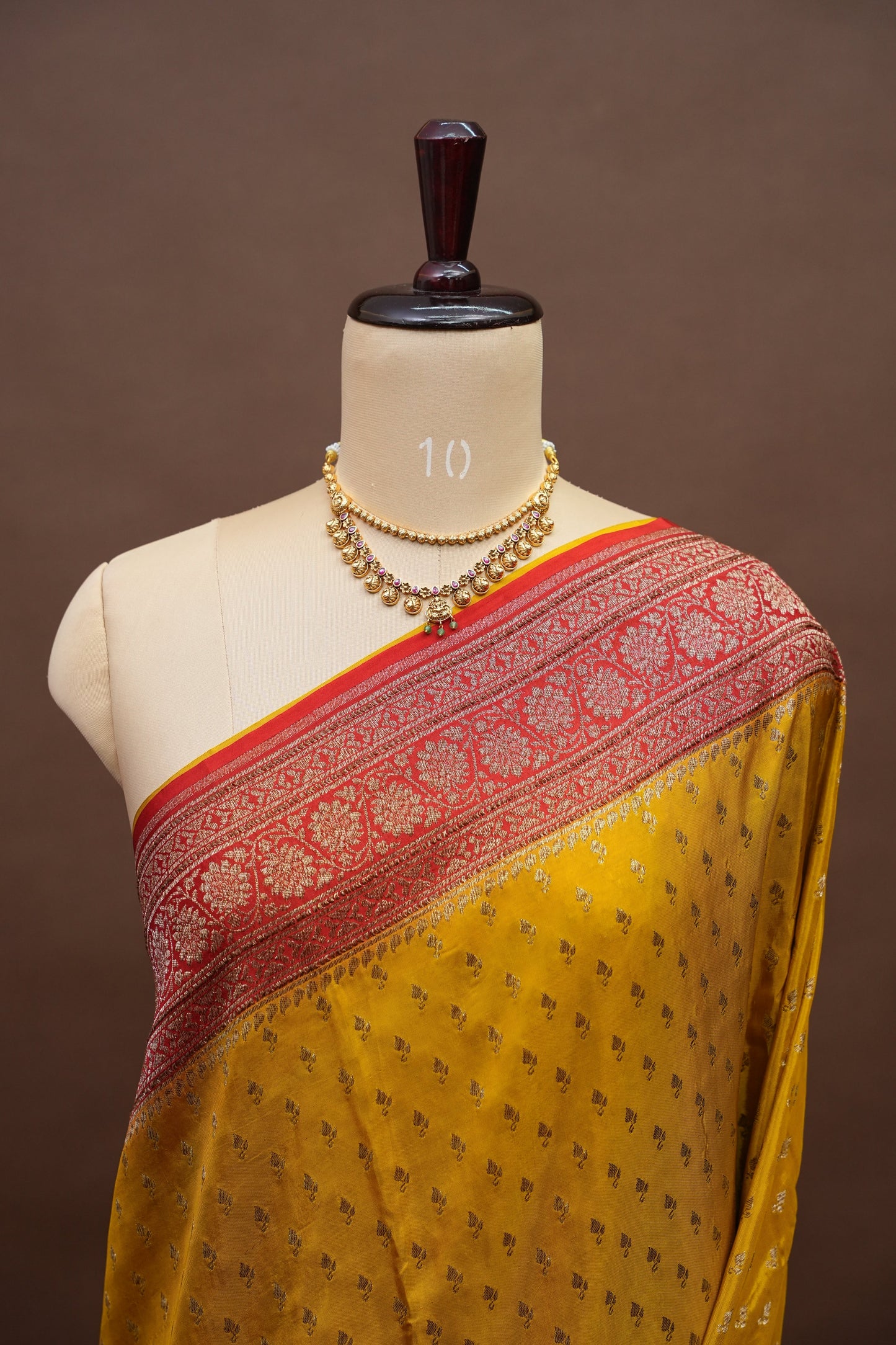Pure Georgette Banarasi Silk Saree – Mustard Yellow with Rich Red Zari Border