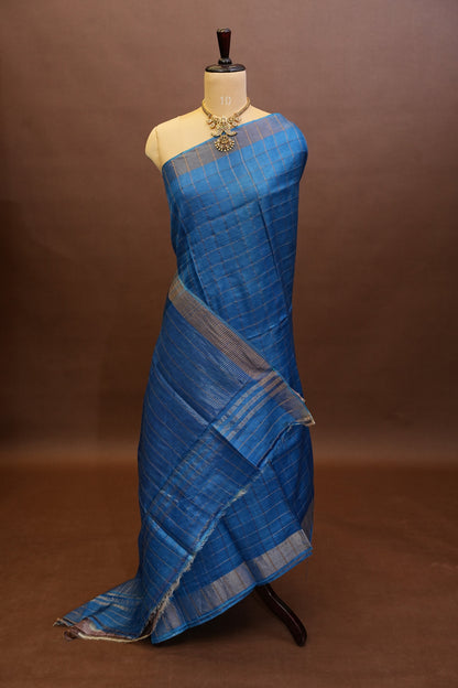 Pure Tussar Silk Saree with Handpainted Blouse-Blue|Silk Mark Certified