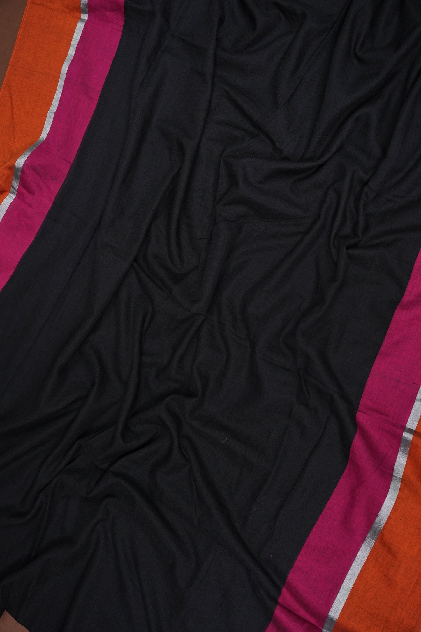 Mulmul Cotton Saree with Tassels - Black & Pink