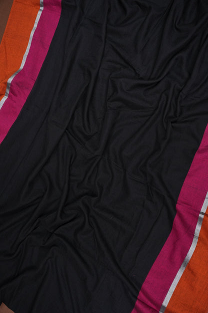 Mulmul Cotton Saree with Tassels - Black & Pink